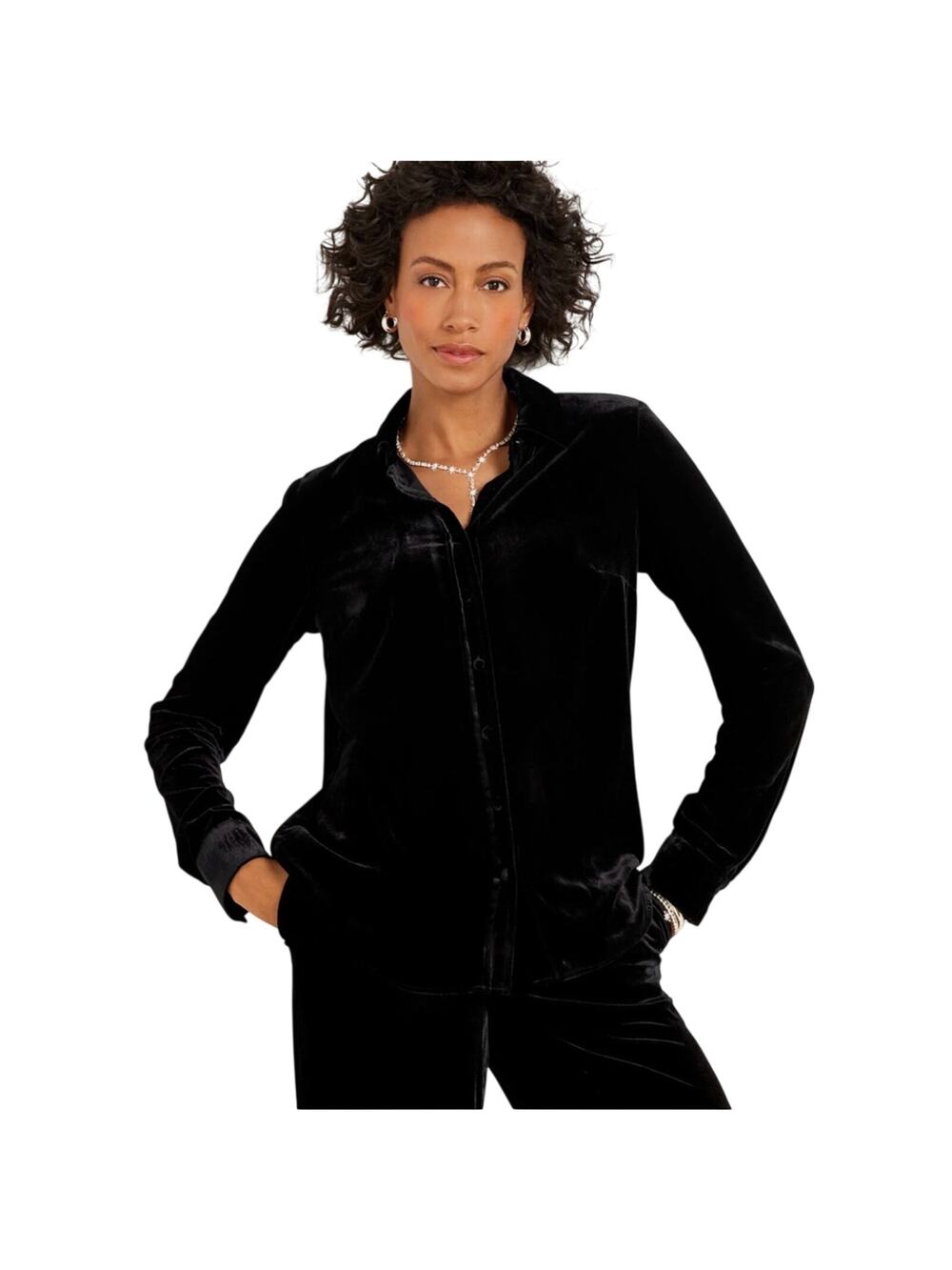 NWT Talbots Effortless Black Velvet Button Down Shirt Long Sleeve Size Large